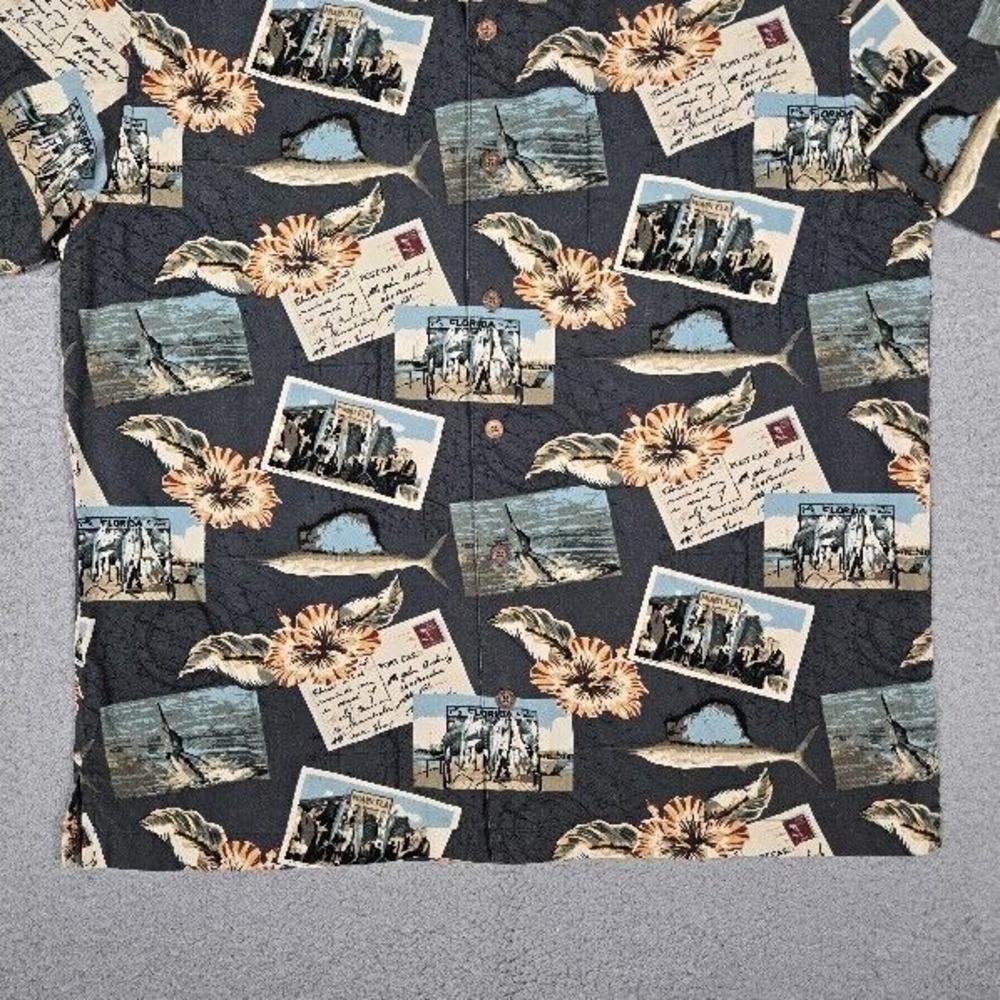 AFTCO Shirt Mens Large Miami Fish Postcards Beach Surf Casual Made in USA Logo - Picture 5 of 12